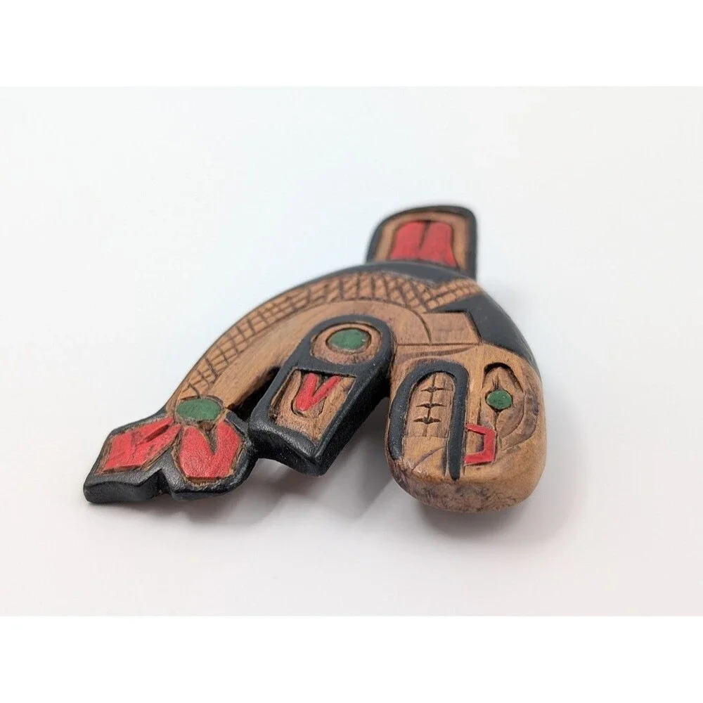 Artie George Signed Killer Whale Brooch Carved Yellow Cedar Salish First Nations